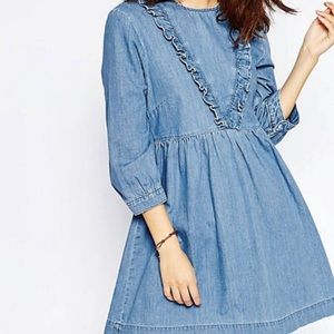 Asos denim chambray ruffle smock dress